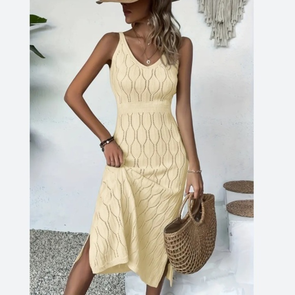 Knit Mix Halter Neck Knit Crochet Slit Sides Beachwear Cover UP MIDI Dress L